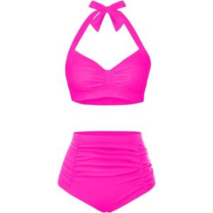 imageHolipick Women High Waisted Bikini Set Two Piece Swimsuit Tummy Control Bathing Suit Vintage Halter SwimwearHot Pink