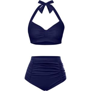 imageHolipick Women High Waisted Bikini Set Two Piece Swimsuit Tummy Control Bathing Suit Vintage Halter SwimwearNavy Blue