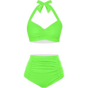 imageHolipick Women High Waisted Bikini Set Two Piece Swimsuit Tummy Control Bathing Suit Vintage Halter SwimwearNeon Green