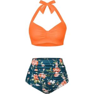 imageHolipick Women High Waisted Bikini Set Two Piece Swimsuit Tummy Control Bathing Suit Vintage Halter SwimwearOrange Flowers