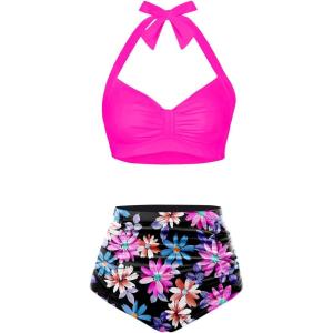 imageHolipick Women High Waisted Bikini Set Two Piece Swimsuit Tummy Control Bathing Suit Vintage Halter SwimwearPink Floral