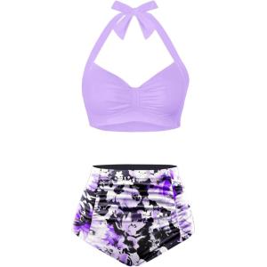 imageHolipick Women High Waisted Bikini Set Two Piece Swimsuit Tummy Control Bathing Suit Vintage Halter SwimwearPurple and Floral