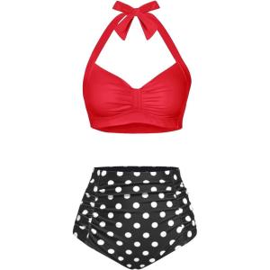 imageHolipick Women High Waisted Bikini Set Two Piece Swimsuit Tummy Control Bathing Suit Vintage Halter SwimwearRed Black Polka