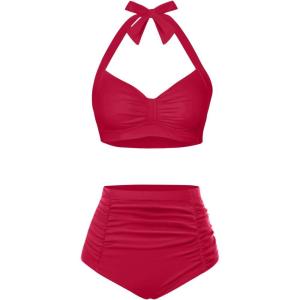 imageHolipick Women High Waisted Bikini Set Two Piece Swimsuit Tummy Control Bathing Suit Vintage Halter SwimwearRed Crimson