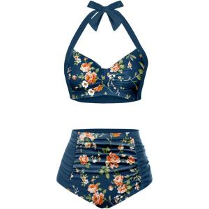 imageHolipick Women High Waisted Bikini Set Two Piece Swimsuit Tummy Control Bathing Suit Vintage Halter SwimwearTeal and Floral