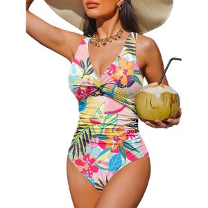 imageHolipick Women Tummy Control One Piece Swimsuit  Push Up Bathing Suit Full Coverage Slimming SwimwearTropical Floral