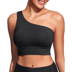 imageHolipick Women One Shoulder Bikini Tops Only Bathing Suit Top Sports Bra Swim Tops Longline Crop Top for Teen GirlsBlack