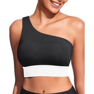imageHolipick Women One Shoulder Bikini Tops Only Bathing Suit Top Sports Bra Swim Tops Longline Crop Top for Teen GirlsBlack White