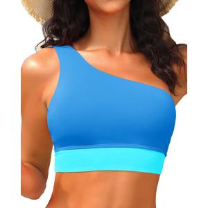 imageHolipick Women One Shoulder Bikini Tops Only Bathing Suit Top Sports Bra Swim Tops Longline Crop Top for Teen GirlsBlue Green