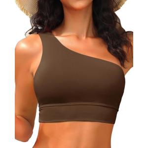 imageHolipick Women One Shoulder Bikini Tops Only Bathing Suit Top Sports Bra Swim Tops Longline Crop Top for Teen GirlsBrown