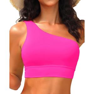 imageHolipick Women One Shoulder Bikini Tops Only Bathing Suit Top Sports Bra Swim Tops Longline Crop Top for Teen GirlsHot Pink