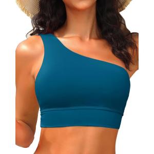 imageHolipick Women One Shoulder Bikini Tops Only Bathing Suit Top Sports Bra Swim Tops Longline Crop Top for Teen GirlsTeal