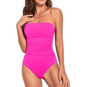 imageHolipick Women Tummy Control One Piece Swimsuits Strapless Bandeau Bathing Suits Slimming Halter SwimwearPink