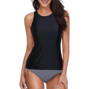 imageHolipick Two Piece Tankini Swimsuits for Women Tummy Control Bathing Suits High Neck Tankini Tops with Bikini BottomBlack