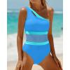 imageHolipick Womens Blue One Shoulder One Piece Swimsuit Cutout Bathing Suits Mesh Slimming Swimwear for Teen Girls Large