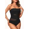 imageHolipick Women Strapless One Piece Swimsuit Tummy Control Bandeau Bathing Suit Mesh Cutout SwimwearBlack With Mesh