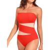 imageHolipick Women Strapless One Piece Swimsuit Tummy Control Bandeau Bathing Suit Mesh Cutout SwimwearRed With Mesh