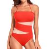 imageHolipick Women Strapless One Piece Swimsuit Tummy Control Bandeau Bathing Suit Mesh Cutout SwimwearRed With Mesh