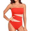 imageHolipick Women Strapless One Piece Swimsuit Tummy Control Bandeau Bathing Suit Mesh Cutout SwimwearRed With Mesh