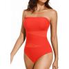 imageHolipick Women Strapless One Piece Swimsuit Tummy Control Bandeau Bathing Suit Mesh Cutout SwimwearRed With Red Mesh