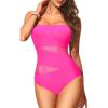 imageHolipick Women Strapless One Piece Swimsuit Tummy Control Bandeau Bathing Suit Mesh Cutout SwimwearHot Pink With Mesh