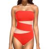 imageHolipick Women Strapless One Piece Swimsuit Tummy Control Bandeau Bathing Suit Mesh Cutout SwimwearRed With Mesh