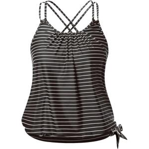 imageHolipick Plus Size Tankini Tops for Women Blouson Tummy Control Swim top Loose Fit Bathing Suit Top No BottomBlack Striped