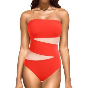 imageHolipick Women Strapless One Piece Swimsuit Tummy Control Bandeau Bathing Suit Mesh Cutout SwimwearRed With Mesh