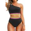 imageHolipick Women One Shoulder High Waisted Bikini Sets Two Piece Swimsuit Tummy Control Bathing Suit Full Coverage SwimwearBlack Colorful Woven