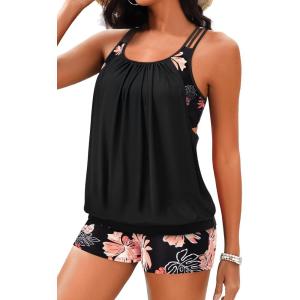 imageHolipick Plus Size Tankini Swimsuit for Women Two Piece Tummy Control Bathing Suit Blouson Racerback Tankini Top with ShortsFloral