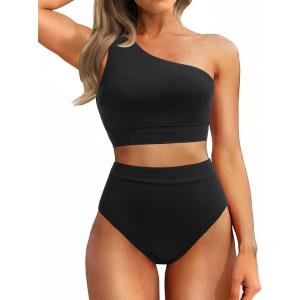 imageHolipick Women One Shoulder High Waisted Bikini Sets Two Piece Swimsuit Tummy Control Bathing Suit Full Coverage SwimwearBlack