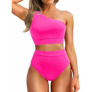 imageHolipick Women One Shoulder High Waisted Bikini Sets Two Piece Swimsuit Tummy Control Bathing Suit Full Coverage SwimwearHot Pink