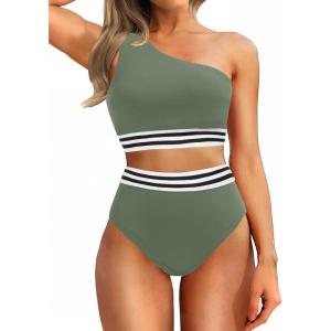 imageHolipick Women One Shoulder High Waisted Bikini Sets Two Piece Swimsuit Tummy Control Bathing Suit Full Coverage SwimwearOlive Green Woven