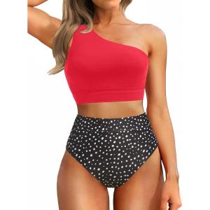 imageHolipick Women One Shoulder High Waisted Bikini Sets Two Piece Swimsuit Tummy Control Bathing Suit Full Coverage SwimwearRed and Dot