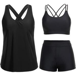 imageHolipick 3 Piece Tankini Swimsuits for Women Tummy Control Bathing Suits Swim Tank Top with Bra Boy Shorts Teen SwimwearBlue Gradient
