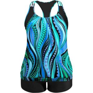 imageHolipick Plus Size Tankini Swimsuit for Women Two Piece Tummy Control Bathing Suit Blouson Racerback Tankini Top with ShortsGreen Wavy Pattern
