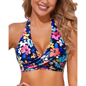 imageHolipick Women Halter Bikini Tops  Push Up Bathing Suit Top V Neck Full Coverage Swimsuit Top OnlyBlue Colorful Flowers