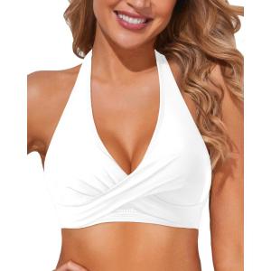 imageHolipick Women Halter Bikini Tops  Push Up Bathing Suit Top V Neck Full Coverage Swimsuit Top OnlyWhite