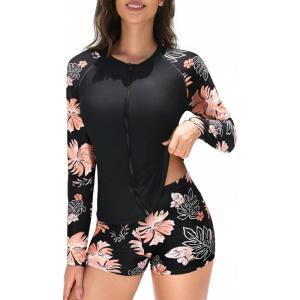 imageHolipick 2 Piece Rash Guard for Women  Long Sleeve Swimsuit with Shorts UPF 50 Zipper Swim ShirtBlack Floral Print