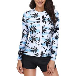 imageHolipick 2 Piece Rash Guard for Women  Long Sleeve Swimsuit with Shorts UPF 50 Zipper Swim ShirtCoconut Tree