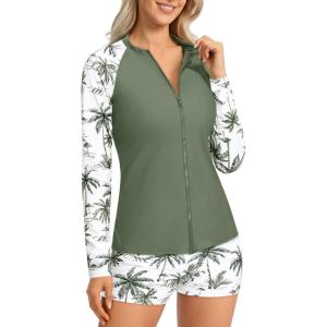 imageHolipick 2 Piece Rash Guard for Women  Long Sleeve Swimsuit with Shorts UPF 50 Zipper Swim ShirtGreen Palm Tree