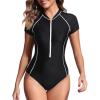 imageHolipick Short Sleeve Rash Guard for Women  Modest One Piece Swimsuit UPF 50 Zipper Bathing SuitBlack and White