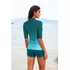 imageHolipick Green Gradient Women 2 Piece Rash Guard Short Sleeve Swimsuit with Shorts Full Zipper SPF Swim Shirts M