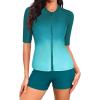 imageHolipick Green Gradient Women 2 Piece Rash Guard Short Sleeve Swimsuit with Shorts Full Zipper SPF Swim Shirts M