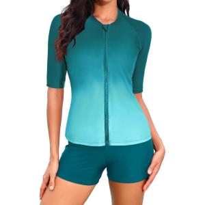 imageHolipick Green Gradient Women 2 Piece Rash Guard Short Sleeve Swimsuit with Shorts Full Zipper SPF Swim Shirts M