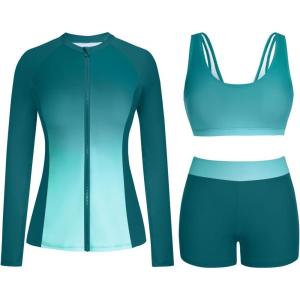 imageHolipick Long Sleeve Swimsuits for Women  3 Piece Rash Guard with Shorts Zipper SPF Swim Shirt with Built in BraGreen Gradient