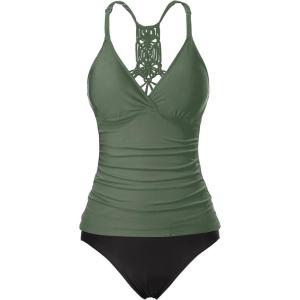 imageHolipick Tummy Control Two Piece Tankini Set Swimsuits for Women V Neck Tankini Top Bathing Suits with Swim BottomArmy Green