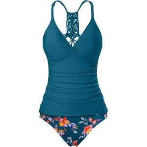 imageHolipick Tummy Control Two Piece Tankini Set Swimsuits for Women V Neck Tankini Top Bathing Suits with Swim BottomBlue Floral