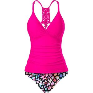 imageHolipick Tummy Control Two Piece Tankini Set Swimsuits for Women V Neck Tankini Top Bathing Suits with Swim BottomColorful Leopard