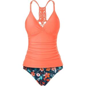 imageHolipick Tummy Control Two Piece Tankini Set Swimsuits for Women V Neck Tankini Top Bathing Suits with Swim BottomOrange Floral